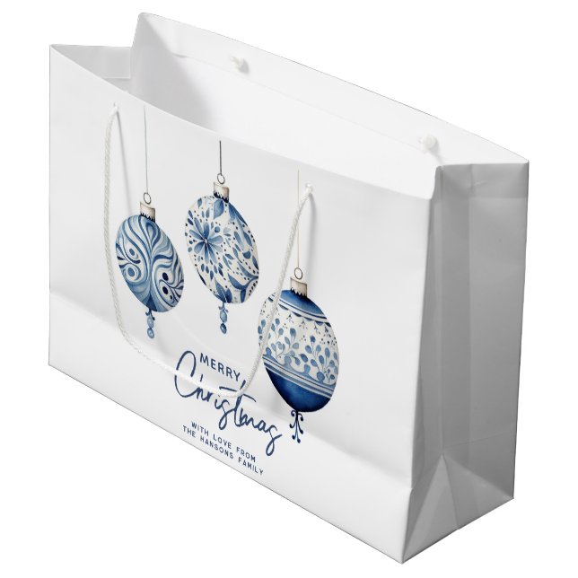 Grand Sac Cadeau Bleu Moderne Style nordique Ornements Joyeux Noël (Devant Angle)