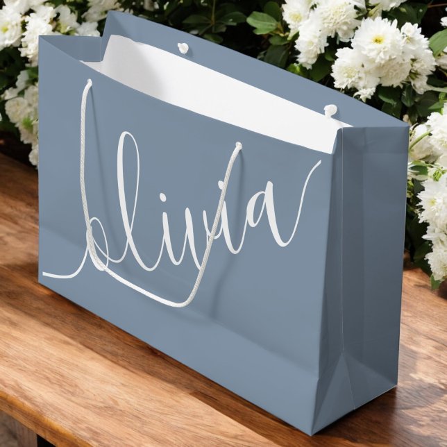 Grand Sac Cadeau Bleu Poussiéreux Minimaliste Moderne Monogramme Él (Créateur téléchargé)