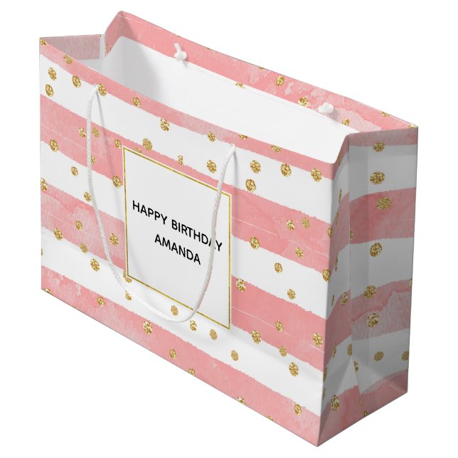 Grand Sac Cadeau Bleu rose | Faux Gold Confetti Anniversaire (Devant Angle)
