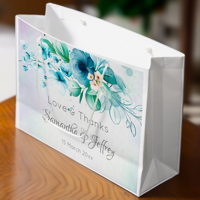 Grand Sac Cadeau Bleu turquoise fleurs vertes fleurs florales cadea (Blue teal green flowers floral wedding gifts favor large gift bag wedding welcome bag favor bag)