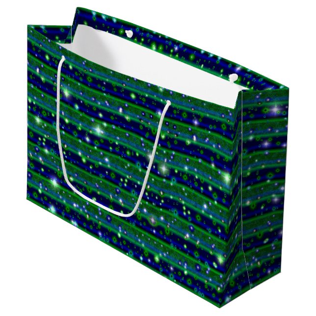 Grand Sac Cadeau Bleu vert rayures avec étoiles et Raindrops (Devant Angle)