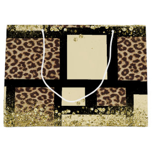 Grand Sac Cadeau Bloc de couleur Crème ivoire Noir & Leopard Cheeta