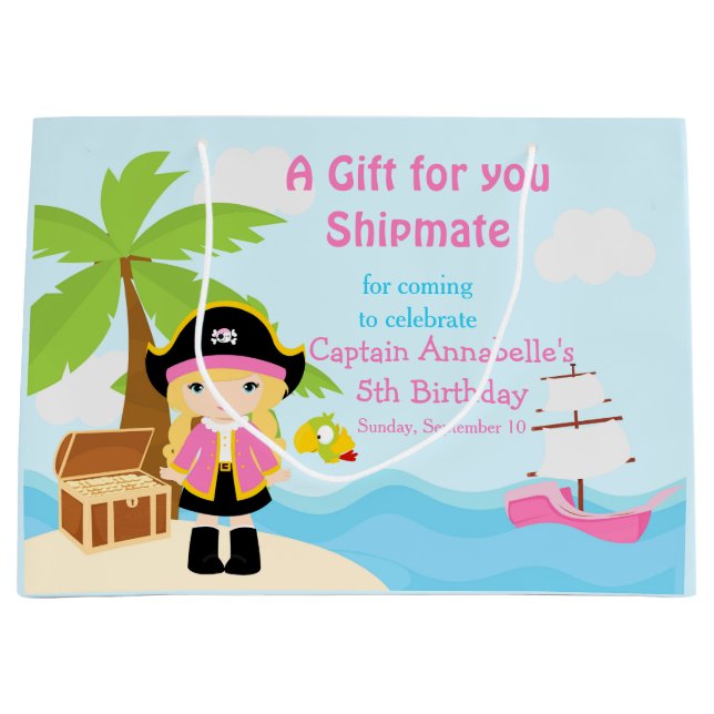 Grand Sac Cadeau Blonde mignonne fille pirate en rose Merci d'anniv (Devant)