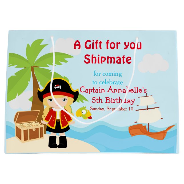 Grand Sac Cadeau Blonde mignonne fille pirate en rouge Anniversaire (Devant)