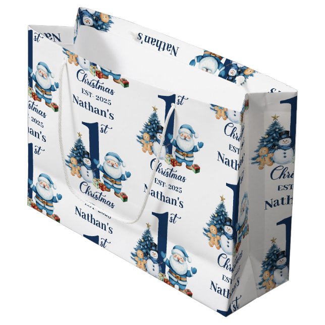 Grand Sac Cadeau Blue Boy First Christmas  (Devant Angle)