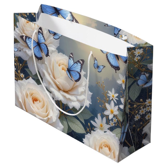 Grand Sac Cadeau Blue Butterflies in a White Rose Garden (Dos Angle)