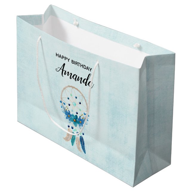 Grand Sac Cadeau Blue Dreamcatcher Design Boho élégant Anniversaire (Devant Angle)