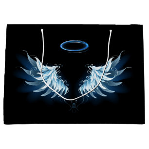 Grand Sac Cadeau Blue Glowing Angel Wings on black background