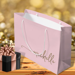 Grand Sac Cadeau Blush Rose Monogramme Nom Écriture Calligraphiée O