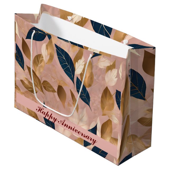 Grand Sac Cadeau Blush Rose or Boho Feuilles Collection populaire (Devant Angle)