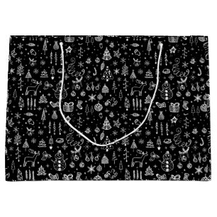 Grand Sac Cadeau Boho noir blanc brillant Arbres de Noël Snowman
