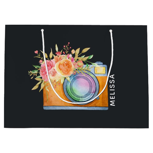 Grand Sac Cadeau Boho Orange Caméra & Bouquet Floral Aquarelle (Devant)