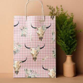 Grand Sac Cadeau Boho Rose En vichy Vache Crâne Floral