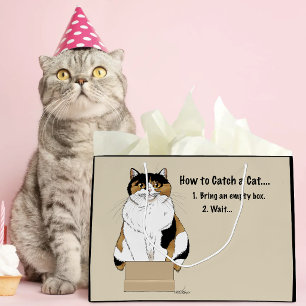 Grand Sac Cadeau Boîte à humour de chat calicot beige drôle prise