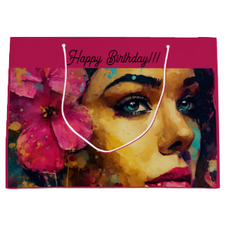 Grand Sac Cadeau Bold Pink Hibiscus et femme Portrait Abstrait