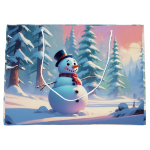 Grand Sac Cadeau Bonhomme de neige de Noël dans la forêt hivernale 