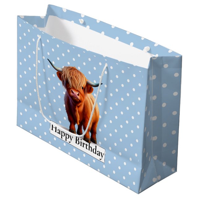 Grand Sac Cadeau BONJOUR D'ANNIVERSAIRE Bleu LONGUE VACHE À CHEVEUX (Devant Angle)