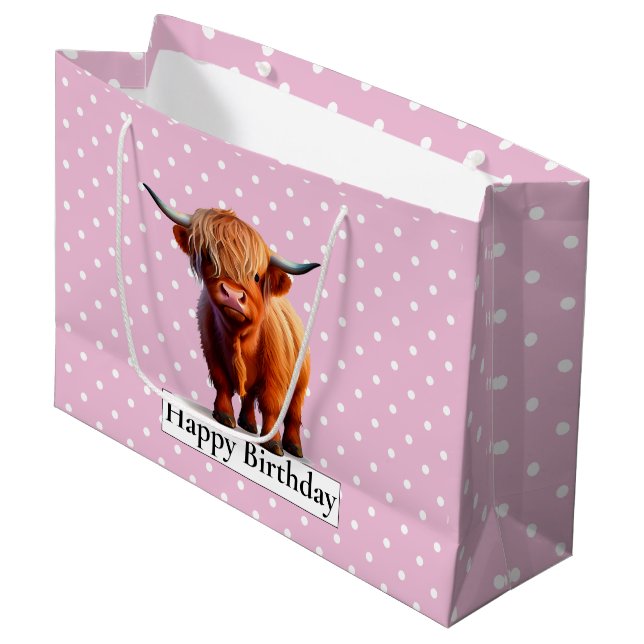 Grand Sac Cadeau BONJOUR D'ANNIVERSAIRE VACHE À CHEVEUX LONGUE Rose (Devant Angle)