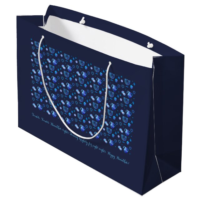 Grand Sac Cadeau Bonne fête Hanoukka belle décoration bleue (Dos Angle)
