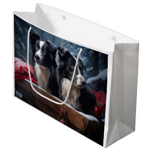 Grand Sac Cadeau Bordure Collie Snowy Sleigh Décor de Noël