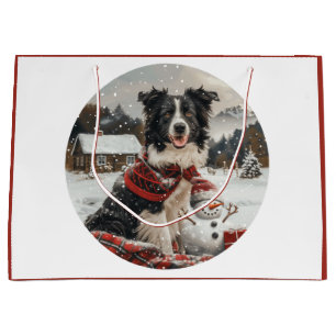 Grand Sac Cadeau Bordure de Noël Collie Chien Snowman