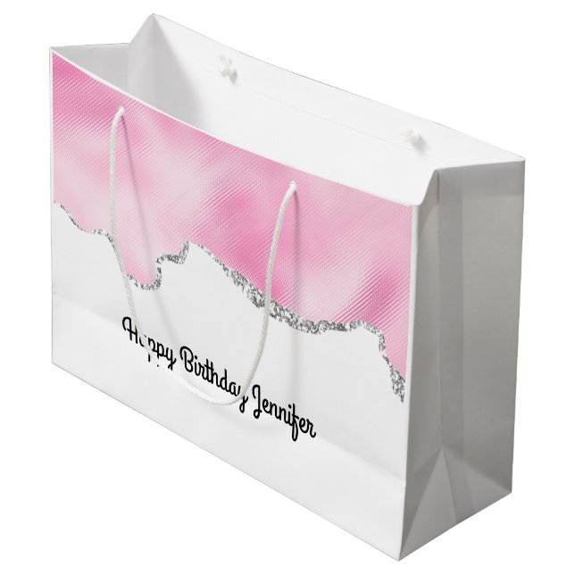 Grand Sac Cadeau Bordure Parties scintillant rose et argent Faux él (Devant Angle)