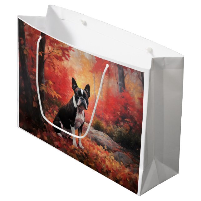 Grand Sac Cadeau Boston Terrier à l'automne Leaves automne Inspire (Devant Angle)