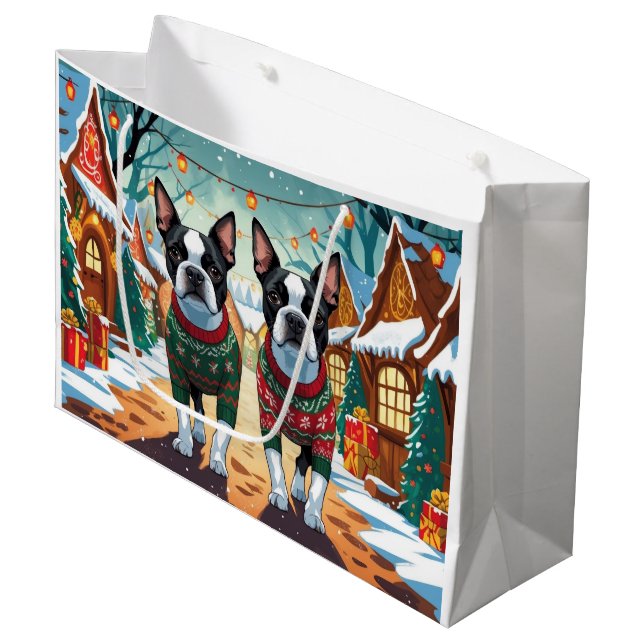 Grand Sac Cadeau Boston Terrier Dogs Christmas Snow Holiday (Devant Angle)