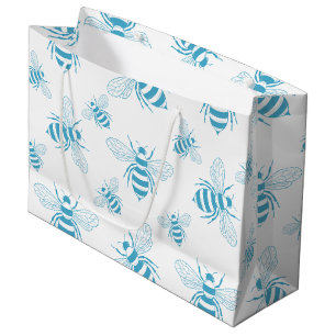 Grand Sac Cadeau Botanique abeille vintage bleu (1)