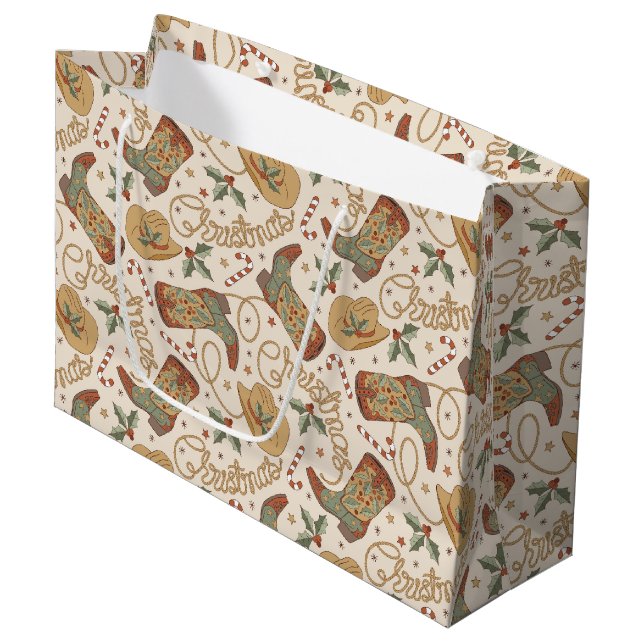 Grand Sac Cadeau Bottes de Noël de l'Ouest et Motif Casquette (Devant Angle)
