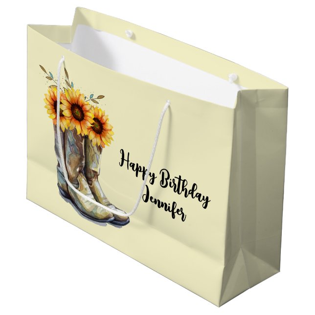 Grand Sac Cadeau Bottes rustiques Cowboy avec tournesol Anniversair (Devant Angle)