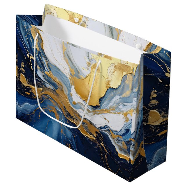 Grand Sac Cadeau Bouffée en or et bleu (Devant Angle)