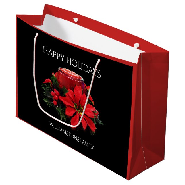 Grand Sac Cadeau Bougies de Noël rouges, Holly, & Poinsettia (Devant Angle)