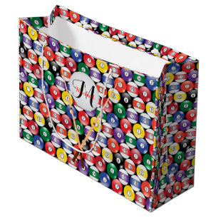Grand Sac Cadeau Boules de piscine de billard avec le monogramme