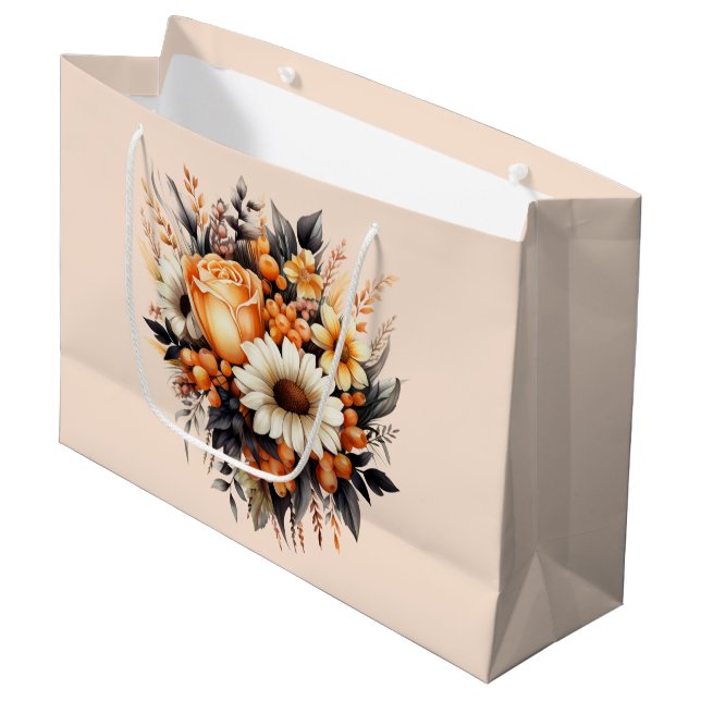 Grand Sac Cadeau Bouquet de fleurs gris jaune orange Anniversaire (Devant Angle)