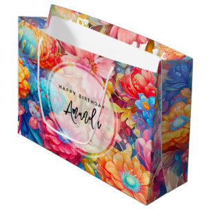 Grand Sac Cadeau Bouquet de fleurs Orange & Boho bleu Anniversaire