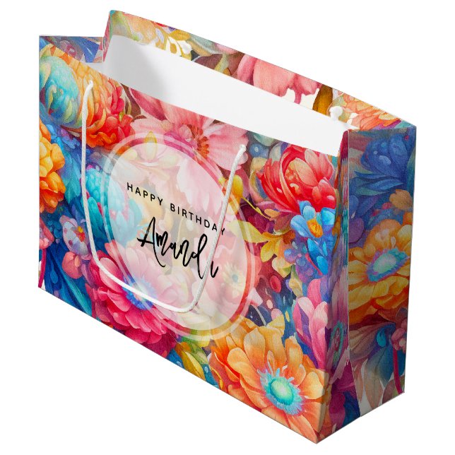 Grand Sac Cadeau Bouquet de fleurs Orange & Boho bleu Anniversaire (Devant Angle)