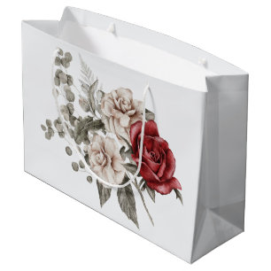 Grand Sac Cadeau Bouquet de fleurs rouge gris et crème Boho