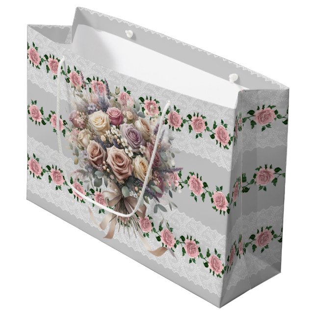Grand Sac Cadeau Bouquet de mariée aux roses roses  (Devant Angle)