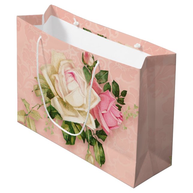 Grand Sac Cadeau Bouquet rose et rose blanche (Devant Angle)
