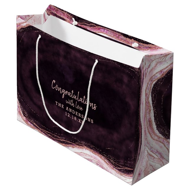 Grand Sac Cadeau Bourgogne & Rose Gold Geode Félicitations Mariage (Devant Angle)