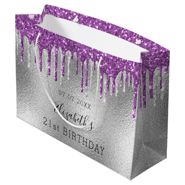 Grand Sac Cadeau Boutons de parties scintillant violet argent d'ann (Dos Angle)