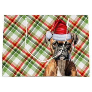 Grand Sac Cadeau Boxer vert et rouge Plaid Amoureux des chiens Holi