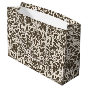 Grand Sac Cadeau Branches de chêne et feuilles, motif damassé en br