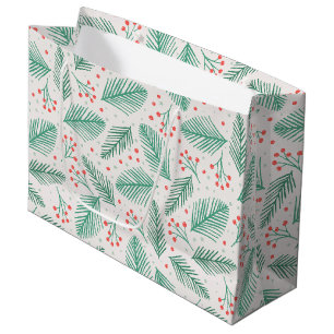 Grand Sac Cadeau Branches de pin de Noël dessinées à la main Vert R