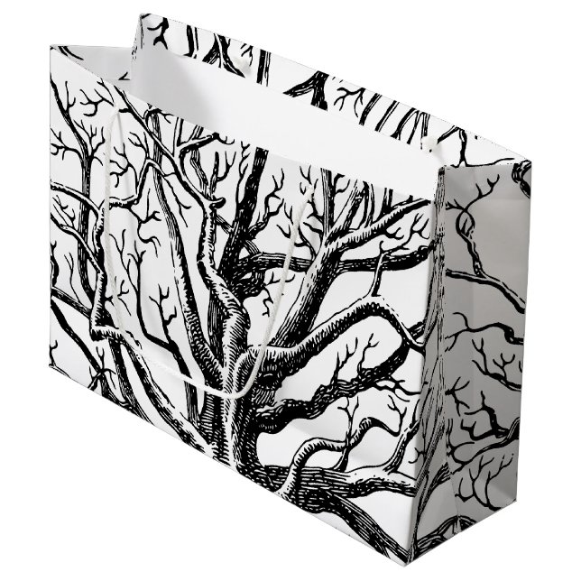 Grand Sac Cadeau Branches rustiques Abstraites en noir et blanc (Devant Angle)
