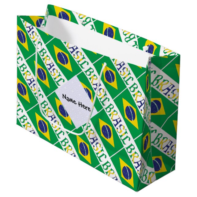 Grand Sac Cadeau Brésil et drapeau brésilien avec votre nom (Devant Angle)