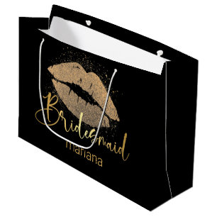 Grand Sac Cadeau bridesmaid golden lèvres personnalisées noir luxe