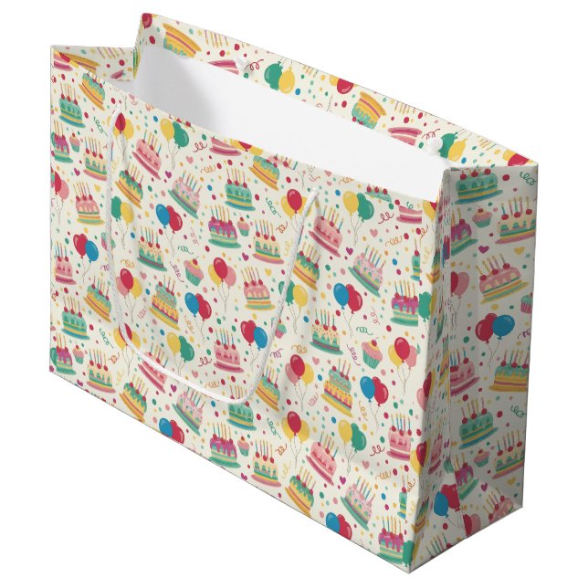 Grand Sac Cadeau Bright Birthday Cakes and Balloons Wrapping Paper (Devant Angle)
