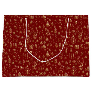 Grand Sac Cadeau Bright Gold Red Boho Noël Arbres de neige bonbon d